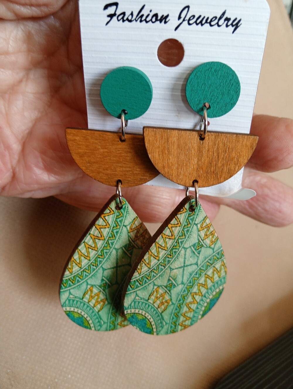 Green Patterned Teardrop Wood Dangle Earrings - Fashion Jewelry
